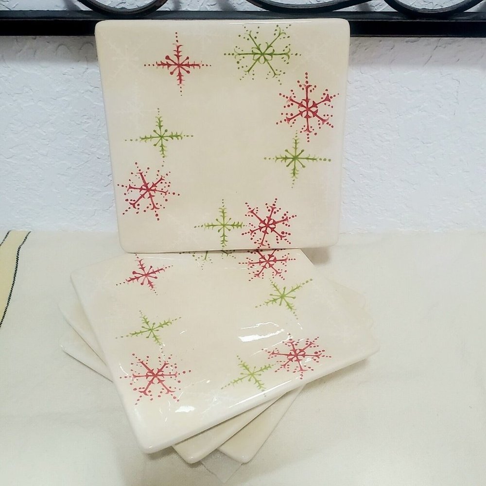 ONEIDA Debbie Taylor Kerman SNOWMATES 4 Square Canape Plates snack snowflake - Picture 2 of 8